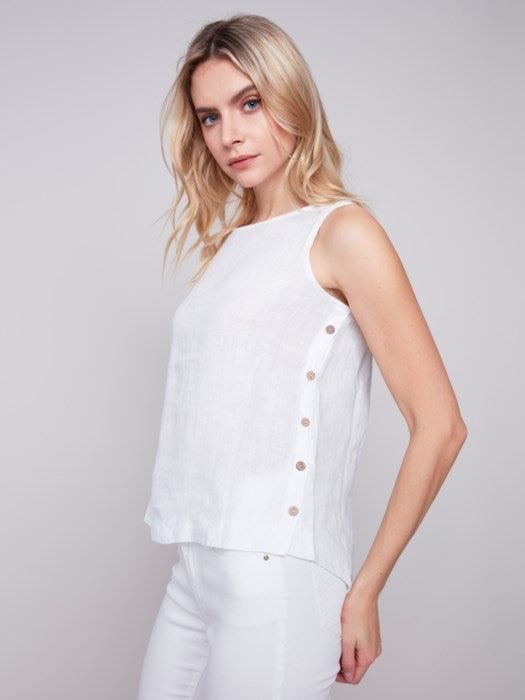 Charlie B Solid Linen Tank Top With Crew-Neck And Side Buttons - Natural