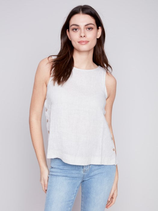 Charlie B Solid Linen Tank Top With Crew-Neck And Side Buttons - Natural