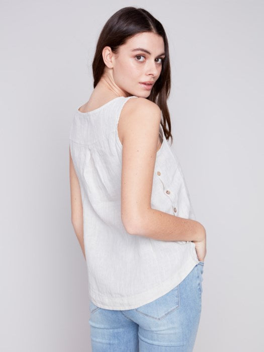 Charlie B Solid Linen Tank Top With Crew-Neck And Side Buttons - Natural