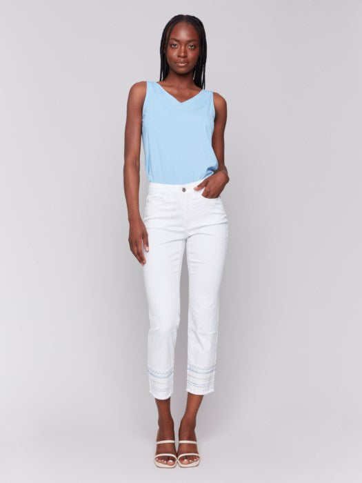 Charlie B Embroidered Hem Jeans - White