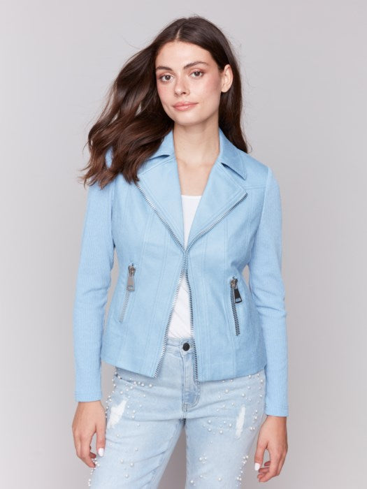 Charlie B Vintage Faux Leather and Rib Knit Jacket - Bluebell