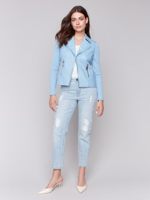 Charlie B Vintage Faux Leather and Rib Knit Jacket - Bluebell