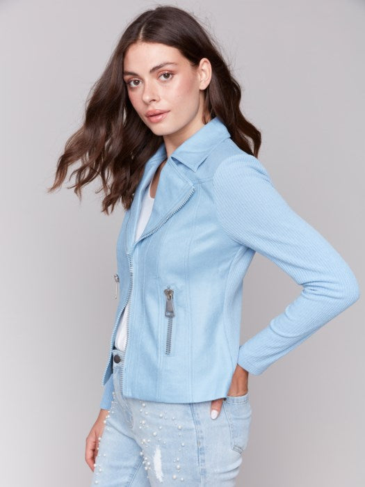 Charlie B Vintage Faux Leather and Rib Knit Jacket - Bluebell