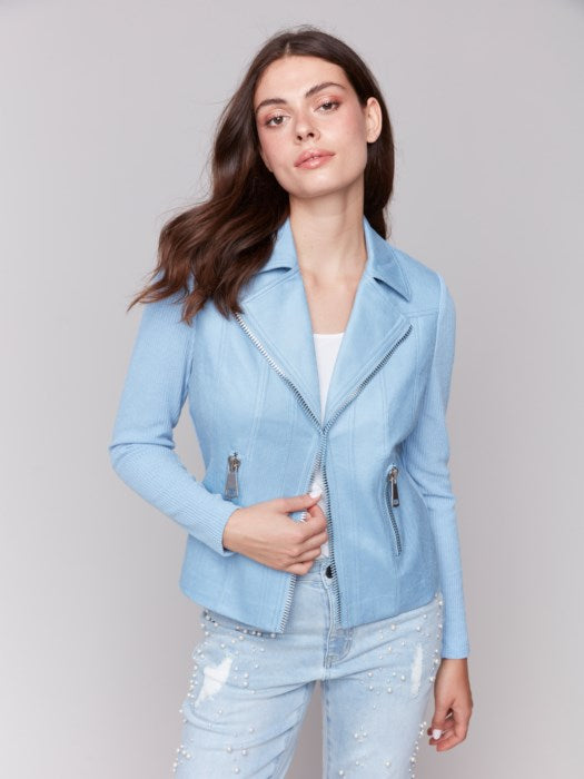 Charlie B Vintage Faux Leather and Rib Knit Jacket - Bluebell
