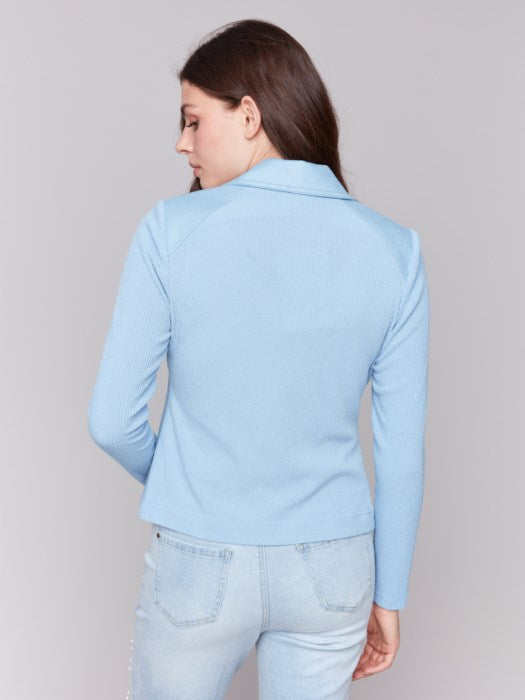 Charlie B Vintage Faux Leather and Rib Knit Jacket - Bluebell
