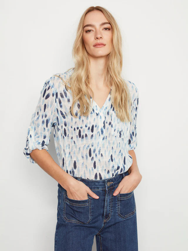 Charlie B Printed Cotton Gauze Half-Button Blouse - Blue
