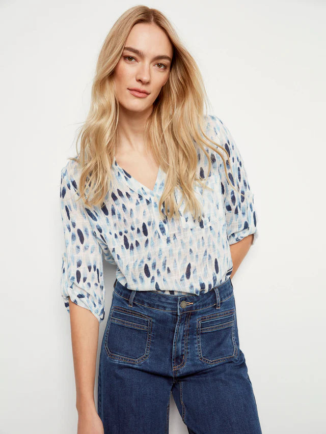 Charlie B Printed Cotton Gauze Half-Button Blouse - Blue