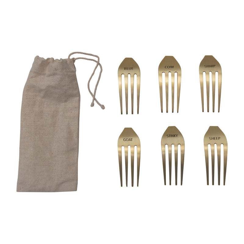 Stainless Steel Fork Cheese Markers, Gold Finish, Set of 6 in Drawstring Bag