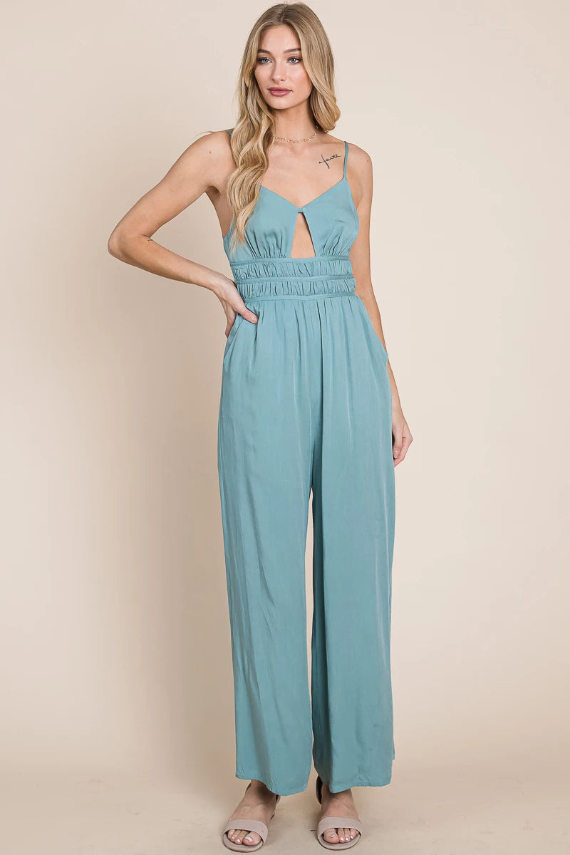 FINAL SALE Open Front Soft Cami Jumpsuit - Aqua