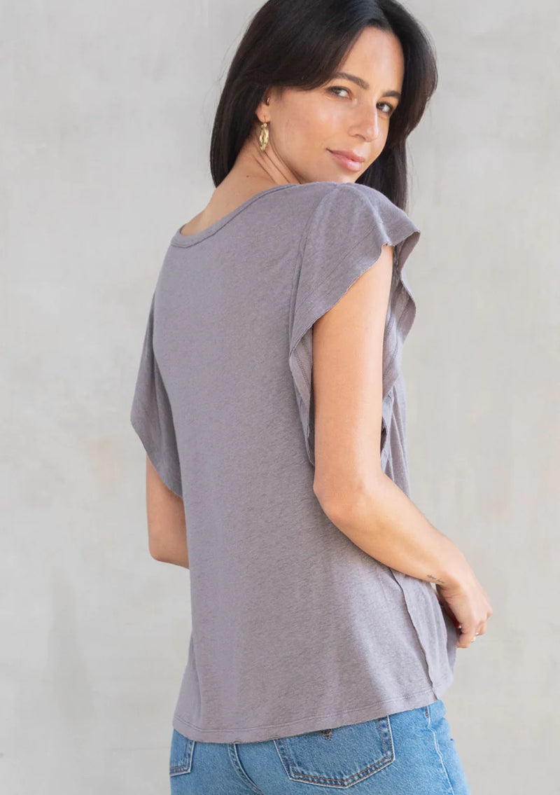Linen Viscose Ruffle Sleeve Crew Neck Knit Top - Smoke