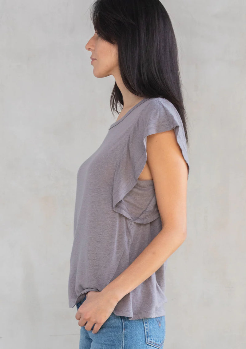 Linen Viscose Ruffle Sleeve Crew Neck Knit Top - Smoke