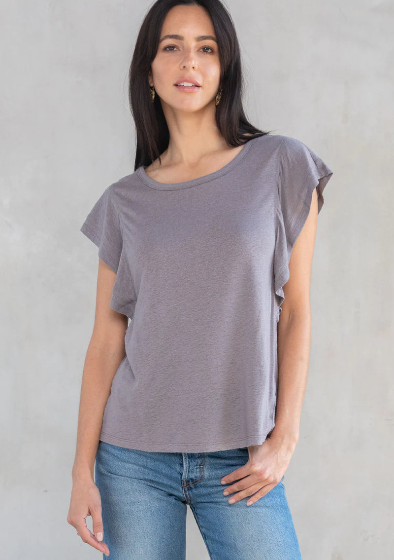 Linen Viscose Ruffle Sleeve Crew Neck Knit Top - Smoke