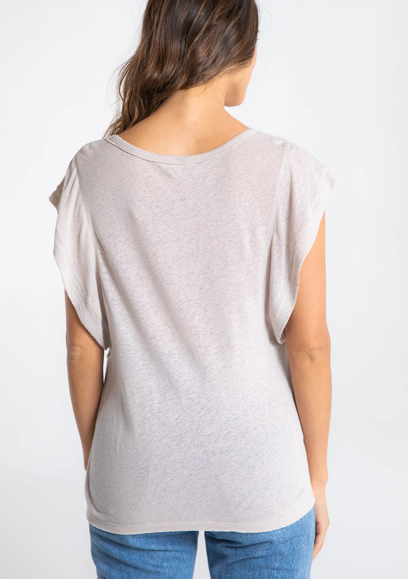 Linen Viscose Ruffle Sleeve Crew Neck Knit Top - Mushroom