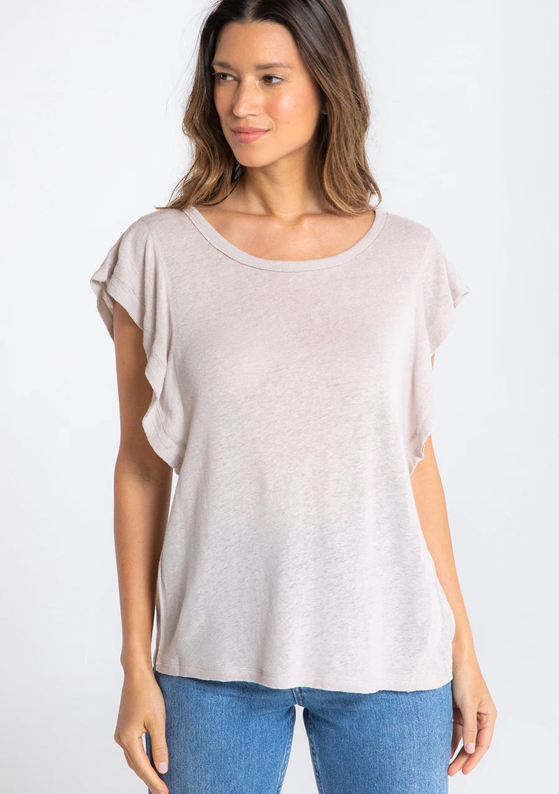 Linen Viscose Ruffle Sleeve Crew Neck Knit Top - Mushroom