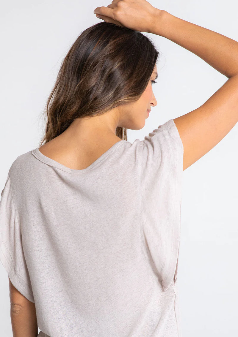 Linen Viscose Ruffle Sleeve Crew Neck Knit Top - Mushroom