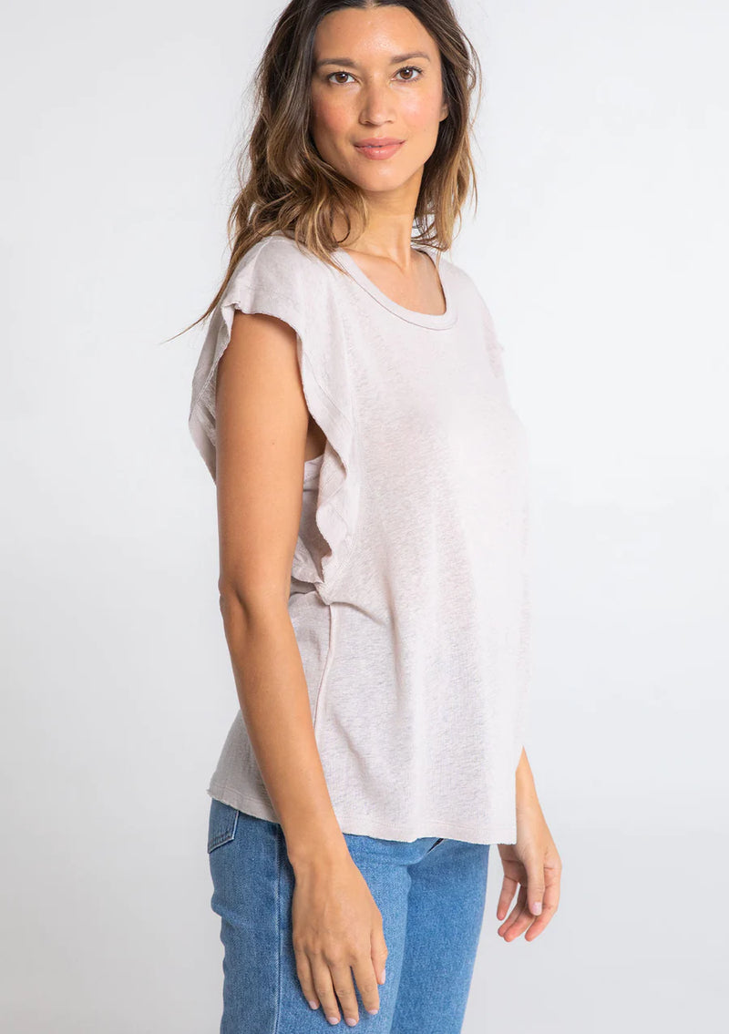 Linen Viscose Ruffle Sleeve Crew Neck Knit Top - Mushroom