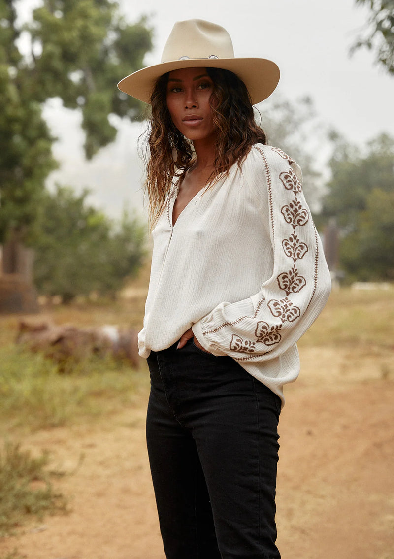 Embroidered Long Sleeve Split Neck Peasant Blouse - Natural/Taupe