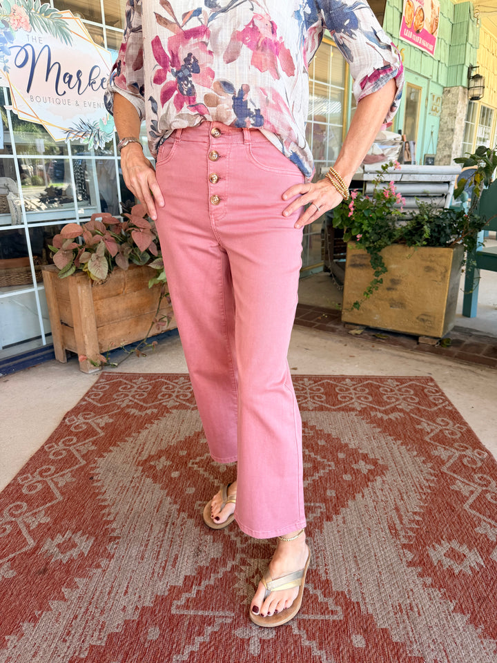 Charlie B Front Button-Fly Crop Twill Pants - Carnation