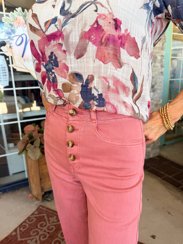 Charlie B Front Button-Fly Crop Twill Pants - Carnation