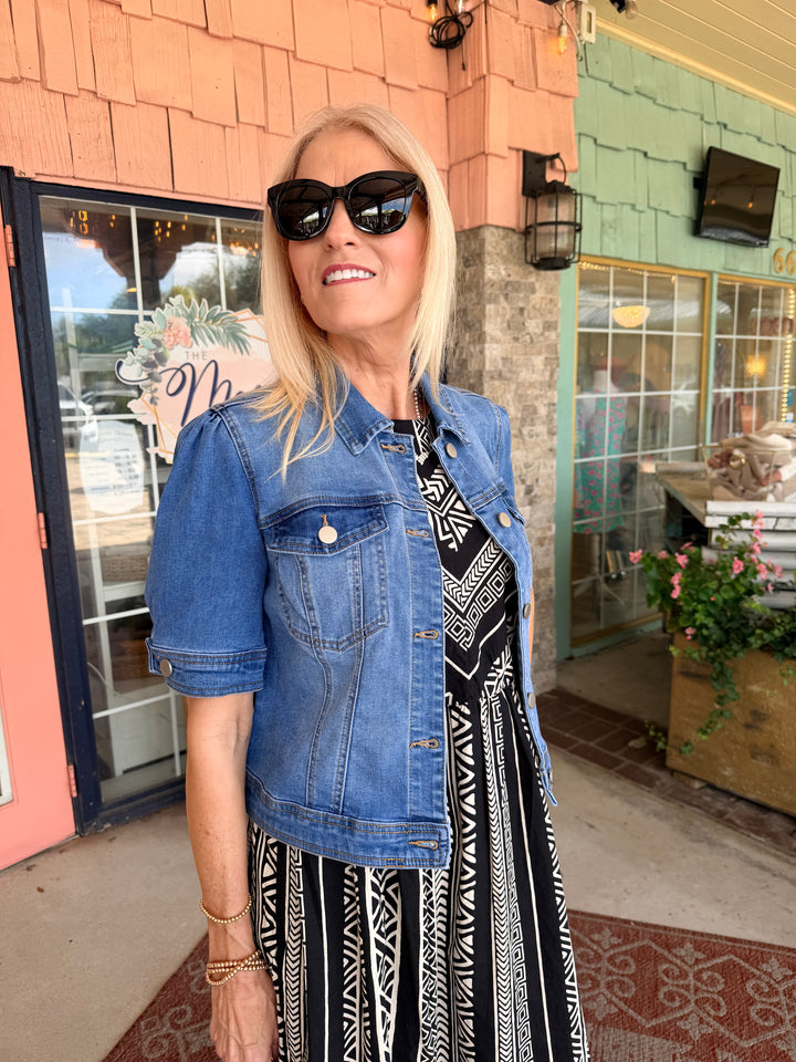 Tribal Comfort Stretch Elbow-Sleeve Denim Jacket Harbor