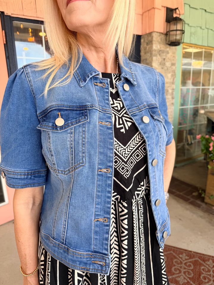 Tribal Comfort Stretch Elbow-Sleeve Denim Jacket Harbor