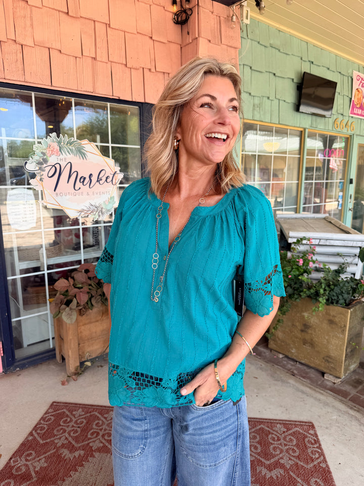Liverpool Short Sleeve Woven Top With Lace Teal Tide