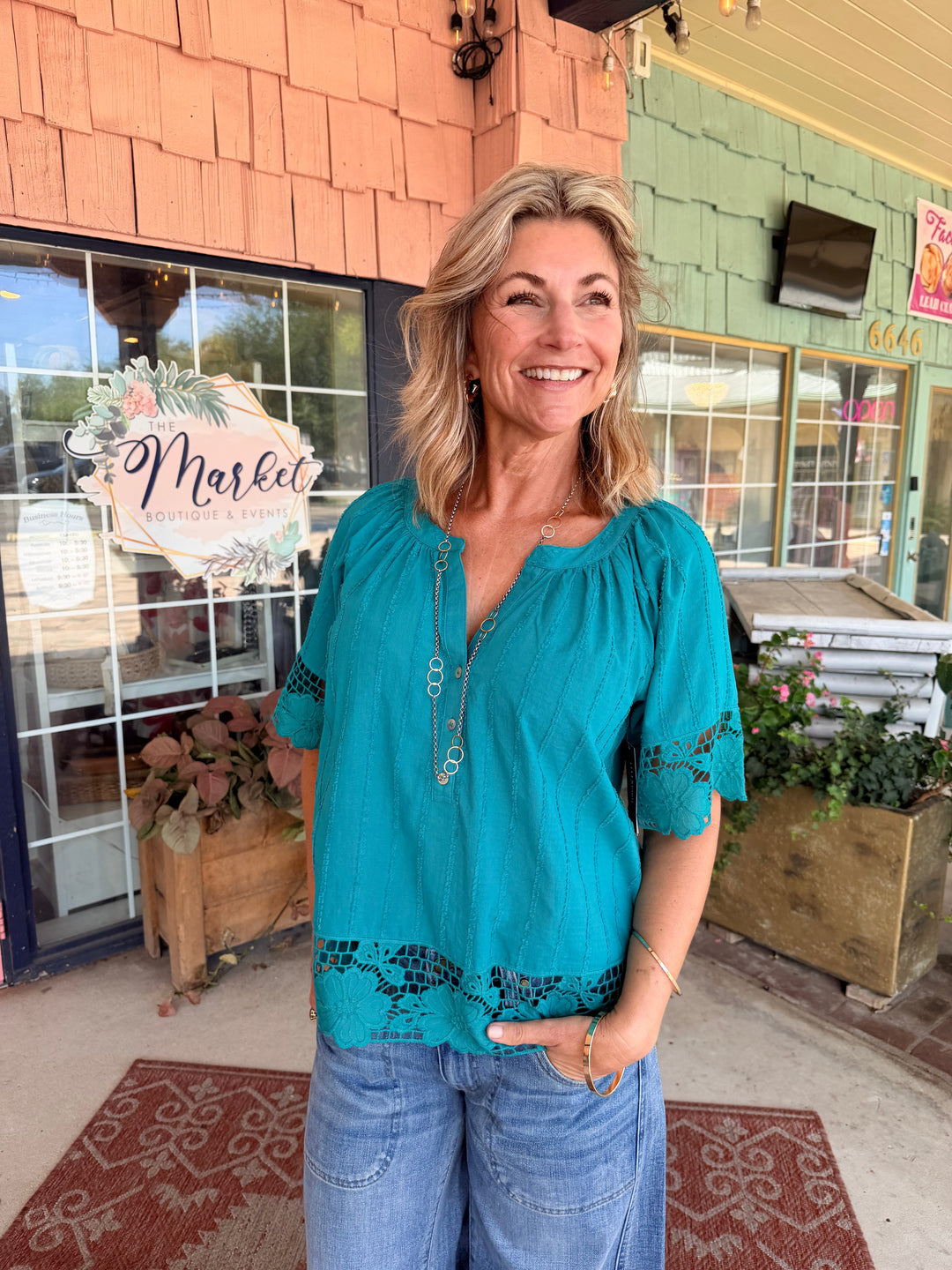 Liverpool Short Sleeve Woven Top With Lace Teal Tide