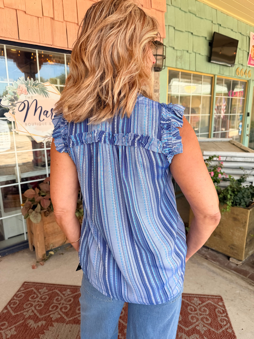 Liverpool Flutter Sleeve Woven Top With Ties Chambray Teal Multi