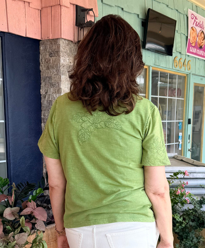 Tribal Crew Neck Short Sleeve Tee With Embroidered Patchwork Kiwi Zest
