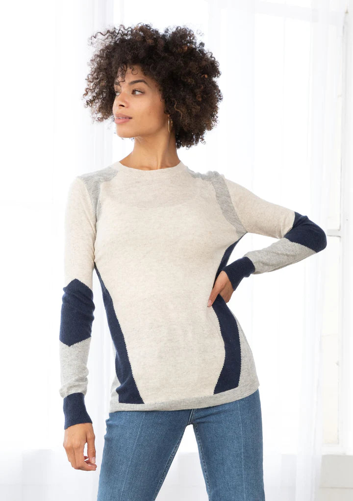Asymetrical Striped Sweater - Oat/Silver/Dark Blue