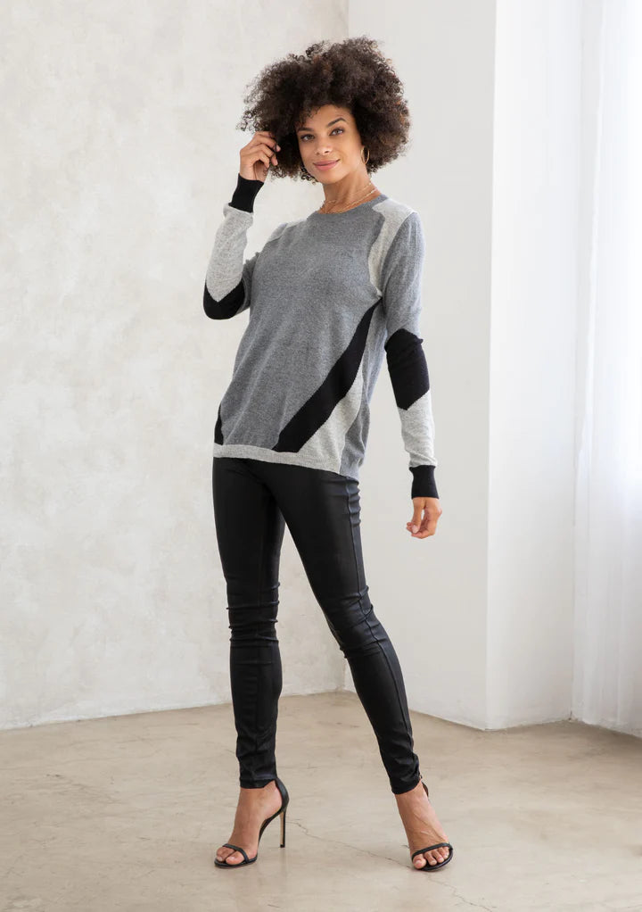 Asymetrical Striped Sweater - Heather Grey/Silver/Black