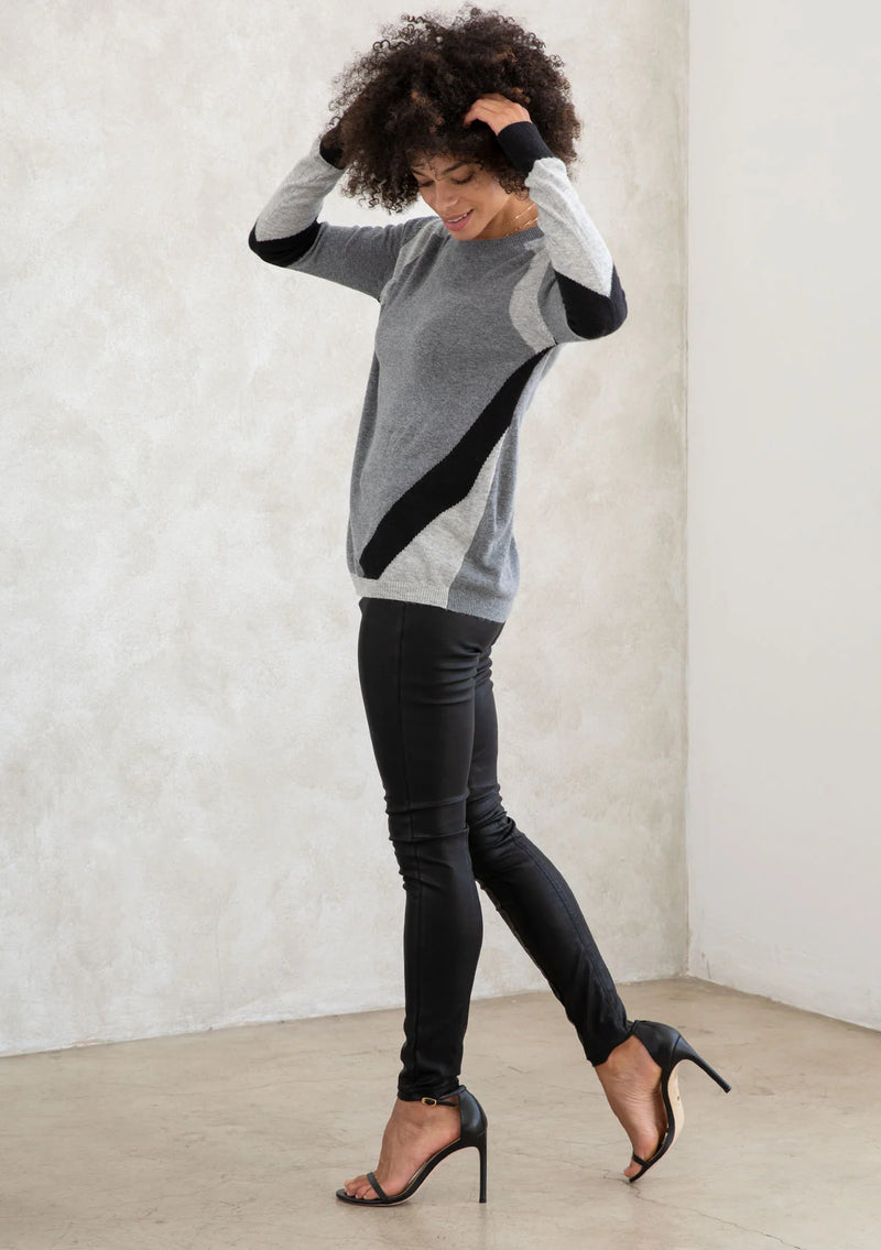 Asymetrical Striped Sweater - Heather Grey/Silver/Black