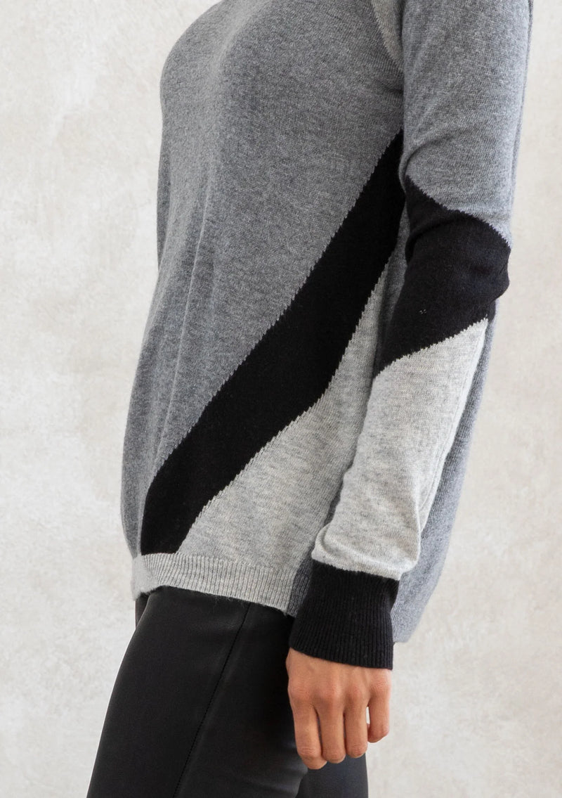 Asymetrical Striped Sweater - Heather Grey/Silver/Black