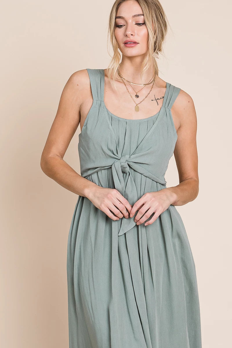 FINAL SALE Gauze Midi Dress with Front Tie Detail - Dusty Sage
