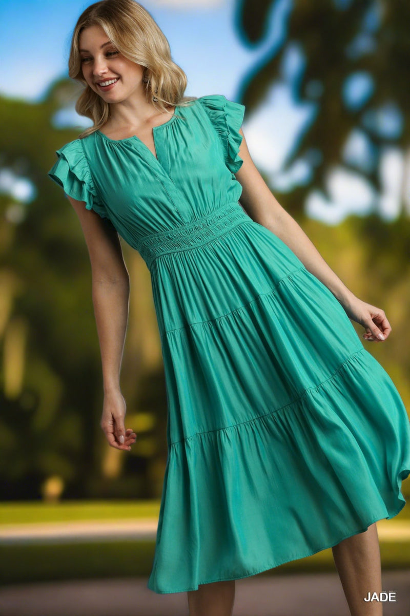 Flutter Sleeved Midi Dress with Smocked Waistband - Jade K6600