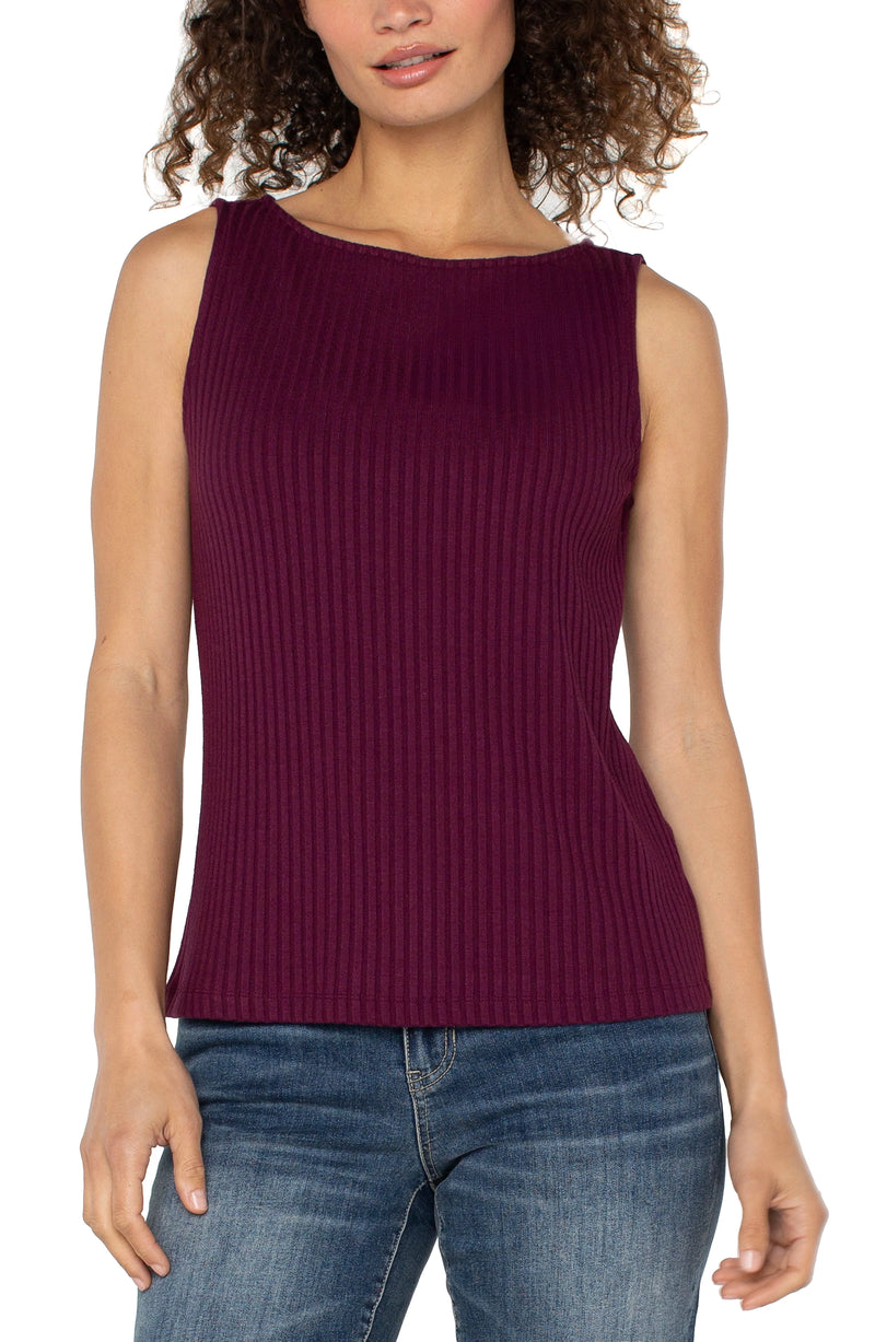 Liverpool Sleeveless Boat Neck Rib Knit Top - Wine Berry