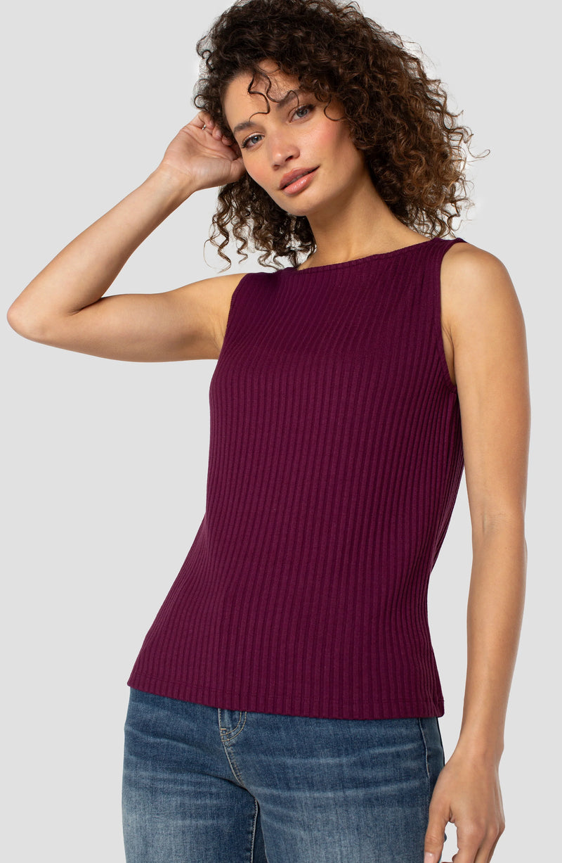 Liverpool Sleeveless Boat Neck Rib Knit Top - Wine Berry