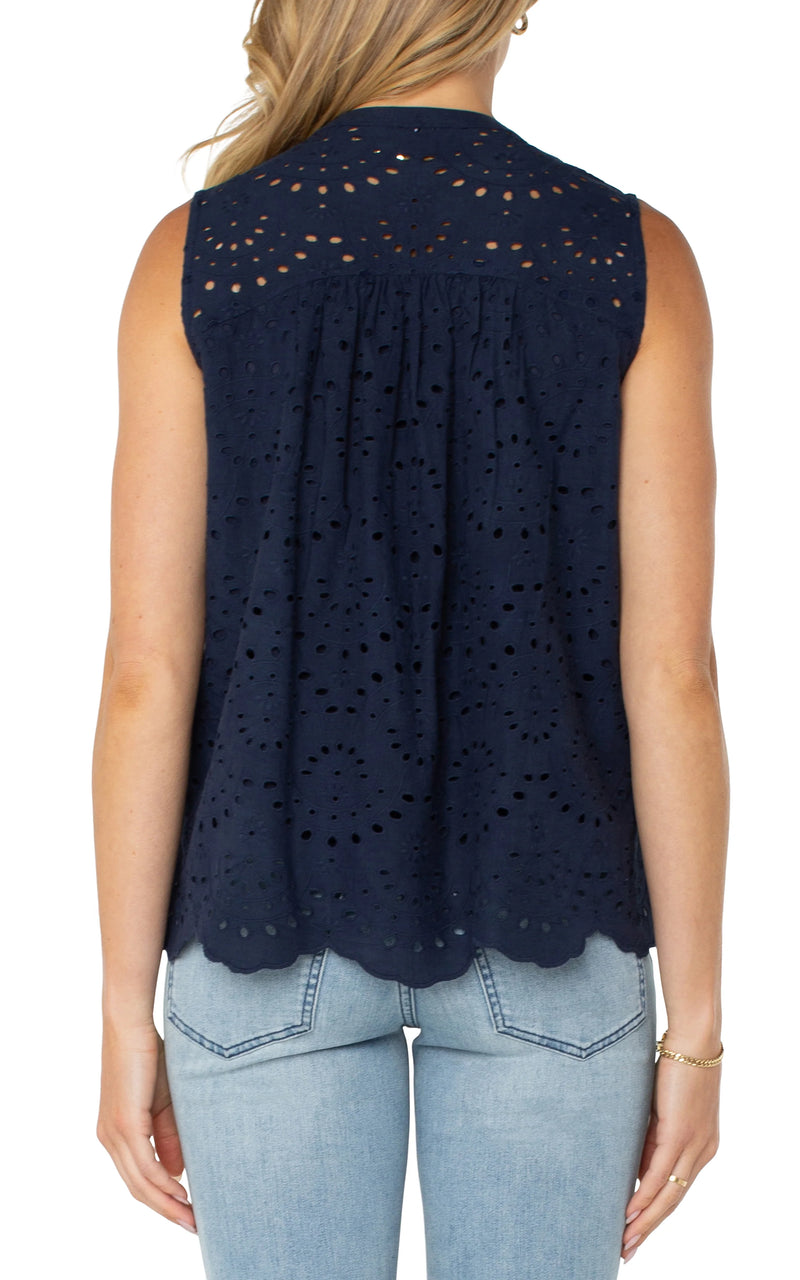 Liverpool Sleeveless Pintuck Woven Top - Navy