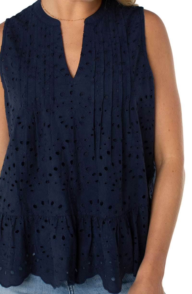 Liverpool Sleeveless Pintuck Woven Top - Navy