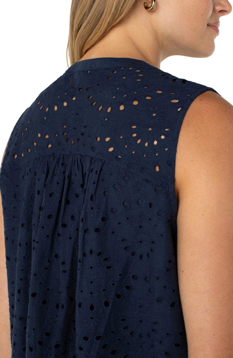 Liverpool Sleeveless Pintuck Woven Top - Navy