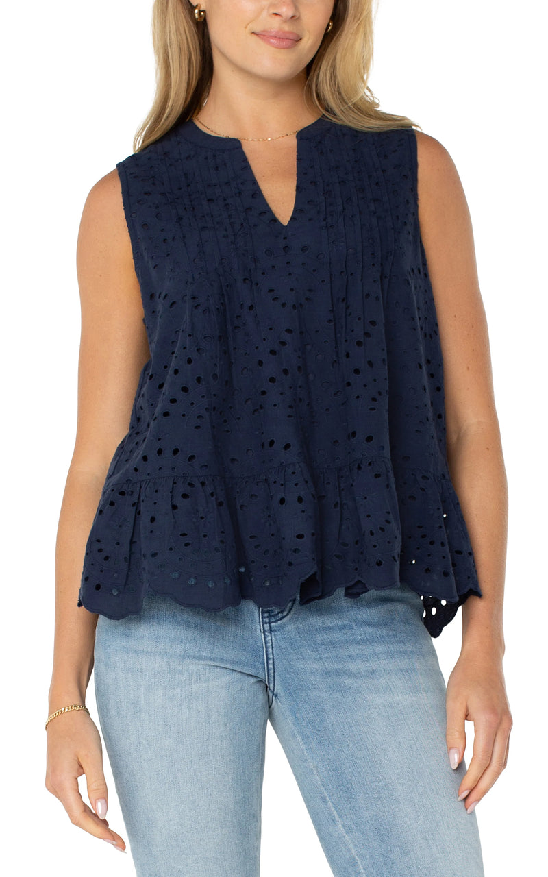 Liverpool Sleeveless Pintuck Woven Top - Navy