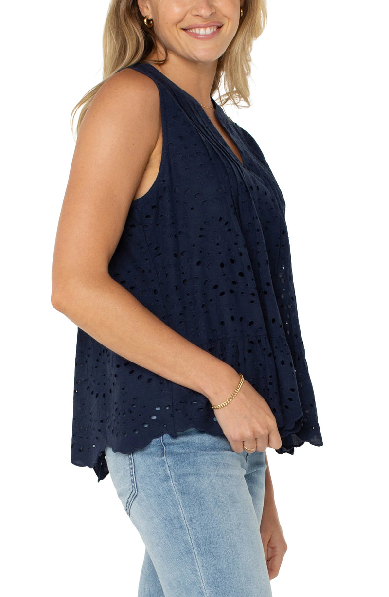 Liverpool Sleeveless Pintuck Woven Top - Navy