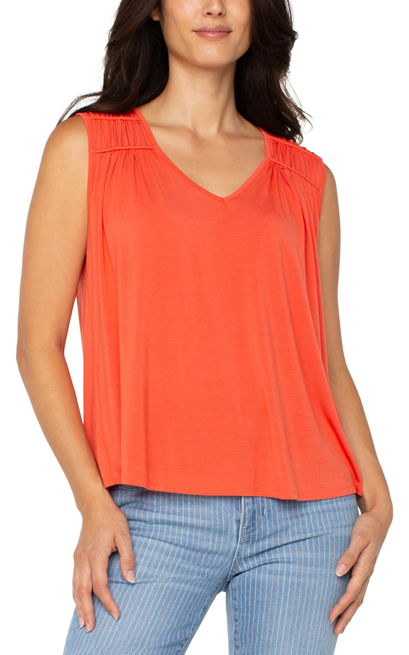 Liverpool Sleeveless Shirred Detail Knit Top - Clementine