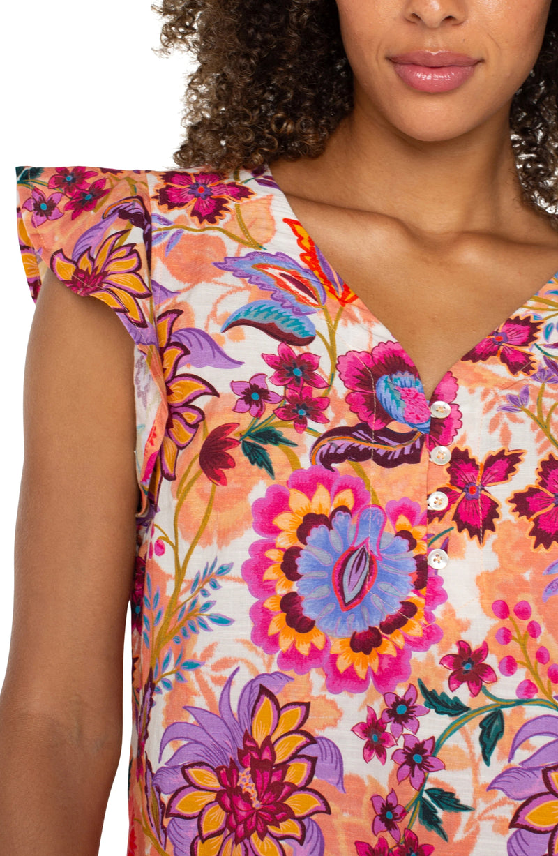 Liverpool Flutter Sleeve Button Front Woven Top - Floral Paradise Multi