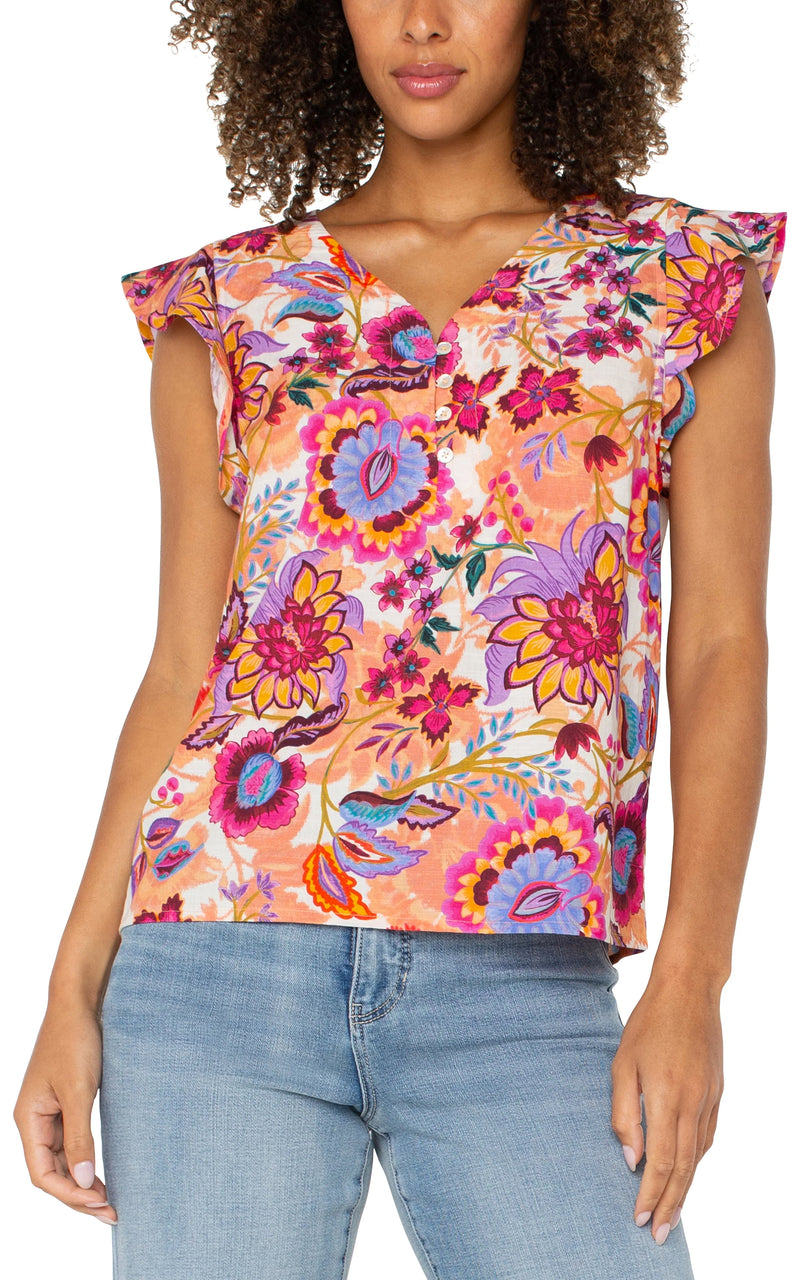 Liverpool Flutter Sleeve Button Front Woven Top - Floral Paradise Multi