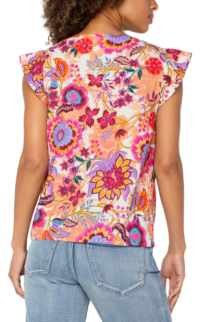 Liverpool Flutter Sleeve Button Front Woven Top - Floral Paradise Multi