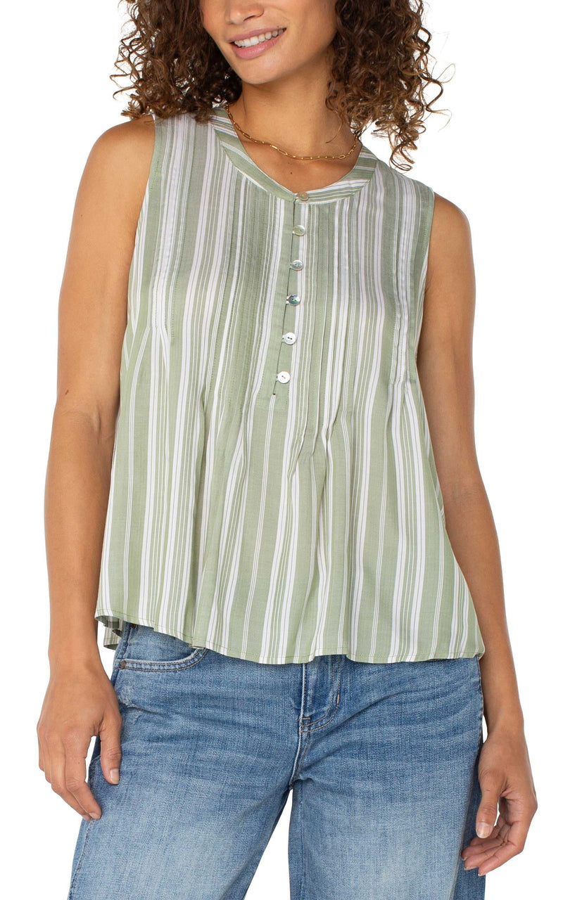Liverpool Sleeveless Popover Blouse - Green/White Stripe