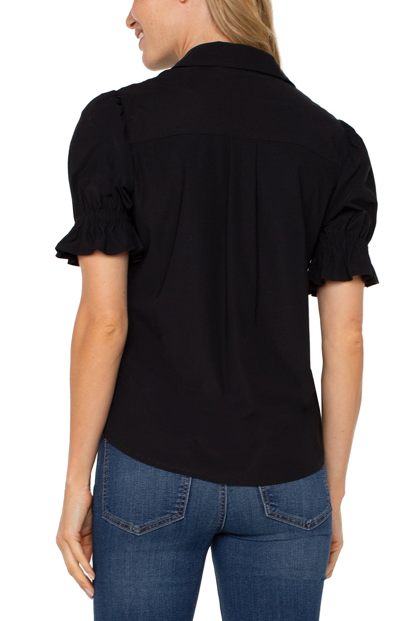 Liverpool Elbow Puff Sleeve Snap Front Knit Shirt - Black