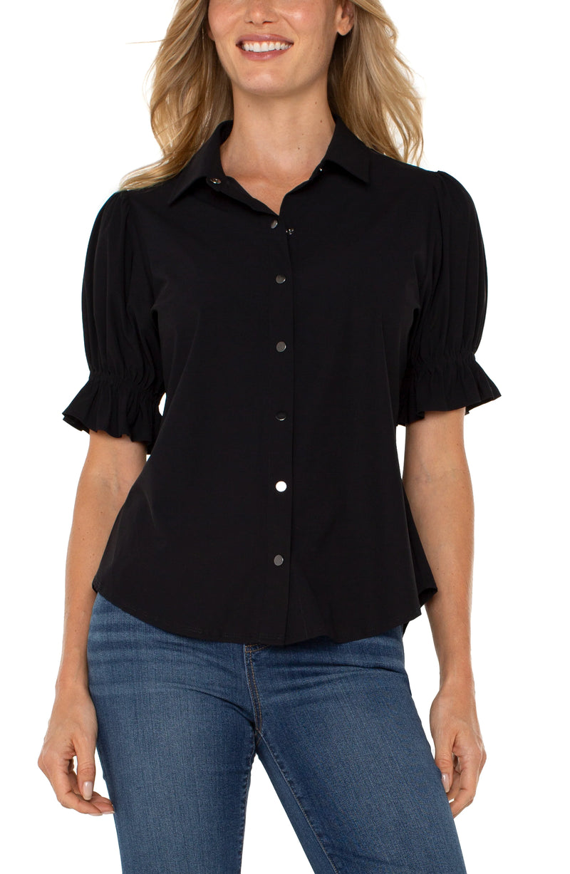 Liverpool Elbow Puff Sleeve Snap Front Knit Shirt - Black