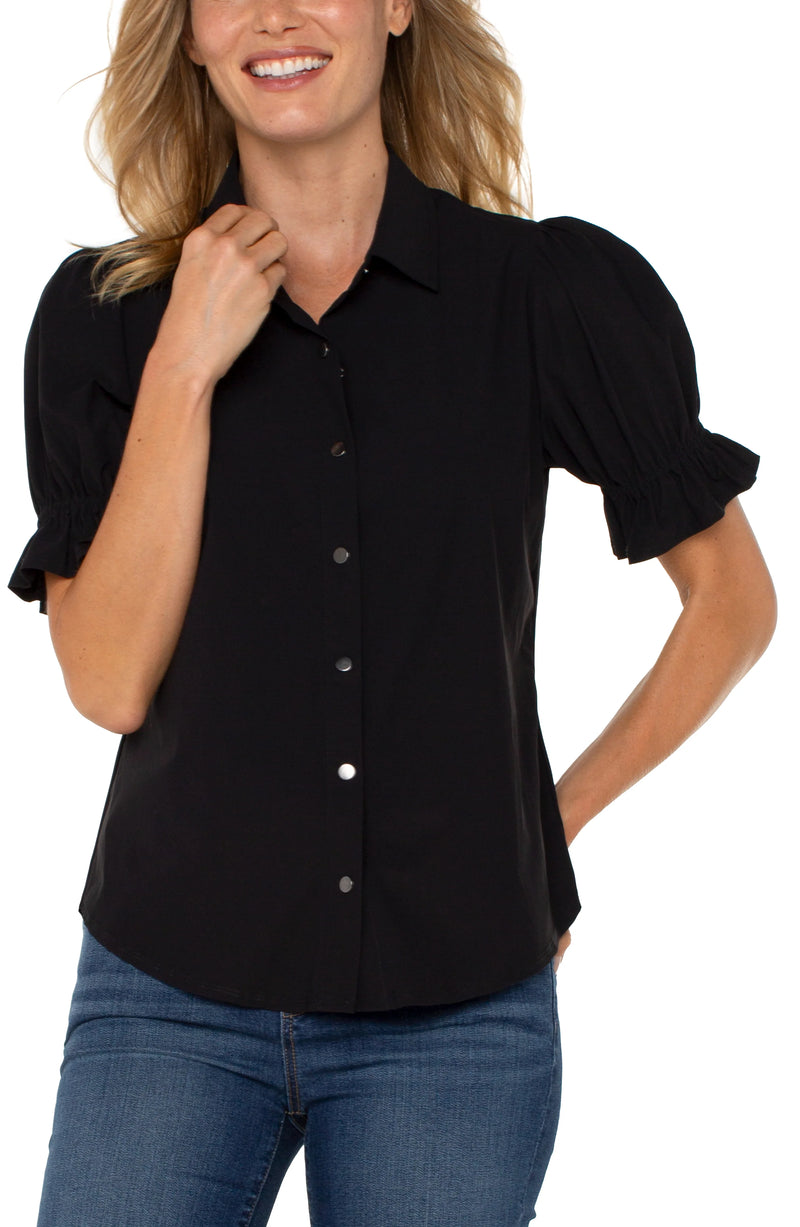 Liverpool Elbow Puff Sleeve Snap Front Knit Shirt - Black